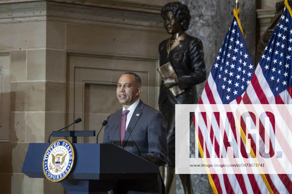 United States House Minority Leader Hakeem Jeffries (Democrat of New York) offers remarks as Congressional Leaders host a Statue Dedication ceremony honoring Daisy Bates of Arkansas, in Statuary Hall at the U.S. Capitol in Washington, DC, Wednesday, May 8, 2024 Washington USA - ZUMAs152 20240508_faa_s152_091