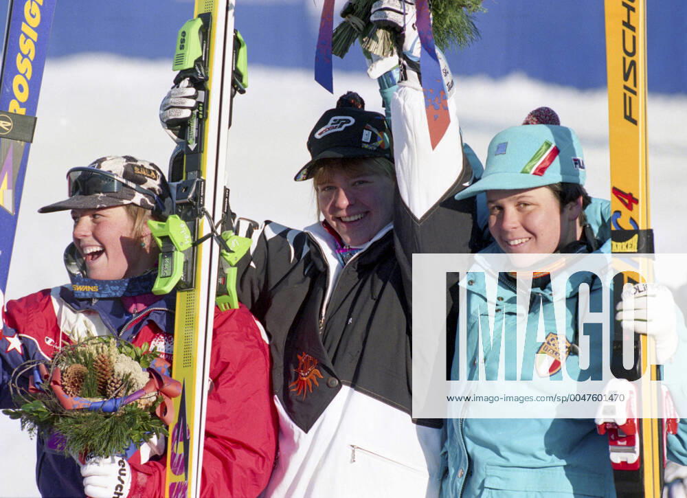 Winter Olympics 1994, Alpine Skiing: Gold medalist Katja Seizinger of Germany is flanked by silver medalist Picabo Street of USA (L) and bronze medalist Isolde Kostner of Italy after womens downhill at The Winter Olympic Games, Olympische Spiele, Olympia, OS on February 19, 1994 in Lillehammer, Norway. BILDBYRAN
