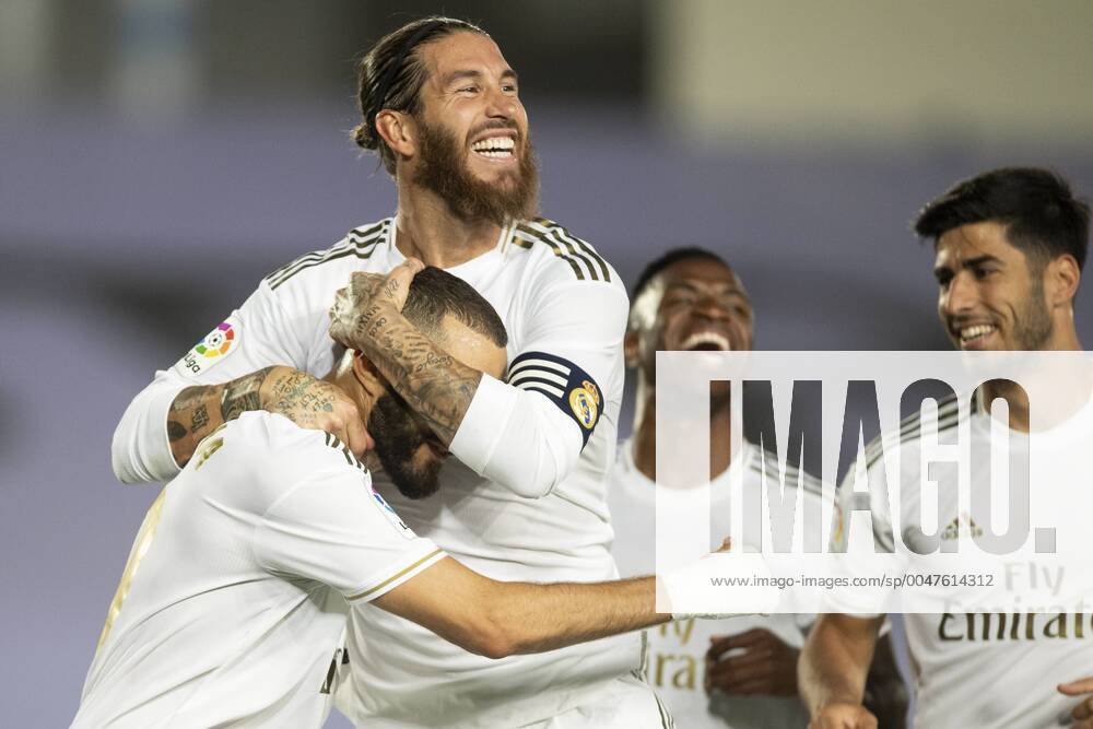 KW29 Spanish La Liga soccer match Real Madrid vs Villarreal at Alfredo Di Estefano Stadium, Madrid, July 16, 2020 Karim Benzema celebrates a goal with sergio Ramos La Liga Cordon Press Cordon Press xx xFUTBOLxTEMPORADAx2019-2020x