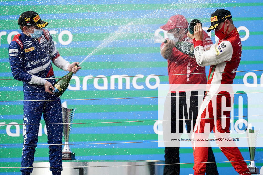 ROBERT SCHWARTZMAN of Russia and Prema Racing and MICK SCHUMACHER of Germany and Prema Racing on the podium of the Feature Race of the 2020 FIA Formula 2 Championship event at the Hungaroring in Mogyorod, Hungary. Mogyorod Hungary - ZUMAg147 20200718_zap_g147_006