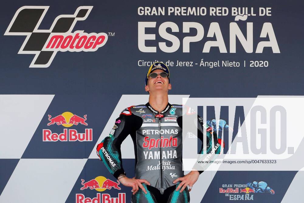 KW29 French MotoGP rider Fabio Quartararo (C), of Petronas Yamaha SRT team, celebrates on podium after he won Spain GP race at Circuito de Jerez-Angel Nieto circuit in Jerez de la Frontera, southern Spain, 19 July 2020. The race was held behind closed doors due to COVID-19 disease. Spain GP race !ACHTUNG: NUR REDAKTIONELLE NUTZUNG!
