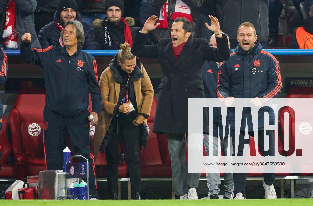 Champions League, Munich-Piraeus, Munich November 6, 2019. Celebration 1-0 goal Robert LEWANDOWSKI, FCB 9 : Hansi FLICK, FCB interims coach, team manager, Hermann GERLAND, (der Tiger) FCB assistant coach, Leiter des FCB Campus , Hasan ( Brazzo ) Salihamidzic, FCB director Kathleen KRUEGER, Teammanager FCB Dr. Hans-Wilhelm Müller-Wohlfahrt, FCB Mannschaftsarzt, FC BAYERN MUNICH - OLYMPIACOS PIRAEUS 2-0 UEFA Football Champions League , Munich, November 06, 2019, Season 2019 2020, group stage ,group B, FCB, Reds, Bavaria, München