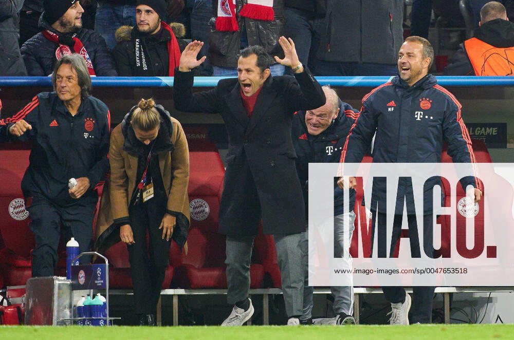 Champions League, Munich-Piraeus, Munich November 6, 2019. Celebration 1-0 goal Robert LEWANDOWSKI, FCB 9 : Hansi FLICK, FCB interims coach, team manager, Hermann GERLAND, (der Tiger) FCB assistant coach, Leiter des FCB Campus , Hasan ( Brazzo ) Salihamidzic, FCB director Kathleen KRUEGER, Teammanager FCB Dr. Hans-Wilhelm Müller-Wohlfahrt, FCB Mannschaftsarzt, FC BAYERN MUNICH - OLYMPIACOS PIRAEUS 2-0 UEFA Football Champions League , Munich, November 06, 2019, Season 2019 2020, group stage ,group B, FCB, Reds, Bavaria, München