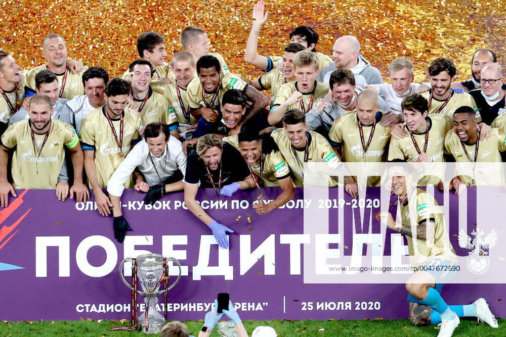 KW30 YEKATERINBURG, RUSSIA - JULY 25, 2020: Zenit St Petersburg s players celebrate their victory in the 2019 2020 Russian Cup final football match against FC Khimki at Yekaterinburg Arena. Zenit St Petersburg won 1:0. Donat Sorokin TASS TS0E1378