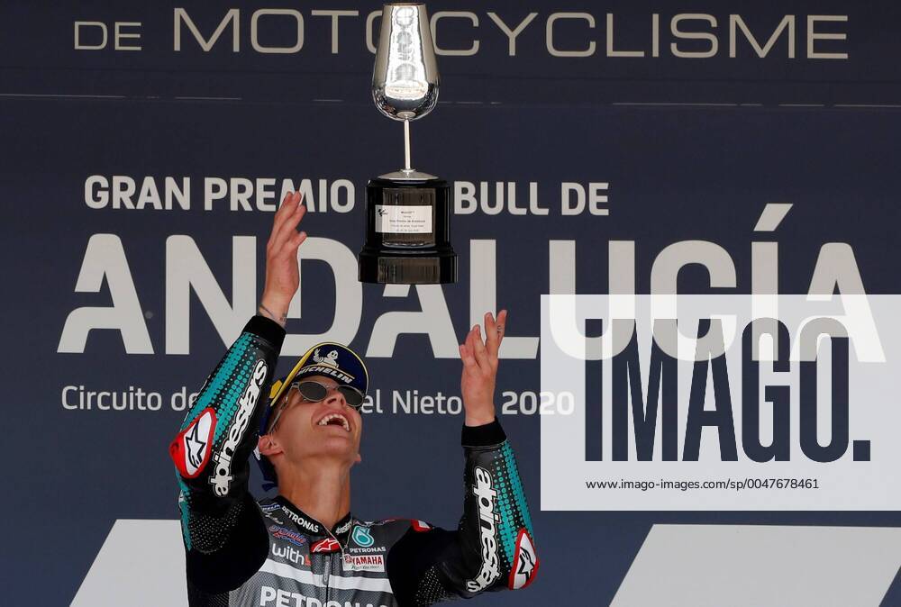 KW30 French MotoGP rider Fabio Quartararo, Petronas Yamaha SRT, celebrates on the podium after winning the race in Jerez-Angel Nieto circuit in Jerez de la Frontera, Spain, 26 July 2020, during the Motorcycling Grand Prix of Andalusia. Motorcycling Grand Prix of Andalusia !ACHTUNG: NUR REDAKTIONELLE NUTZUNG!