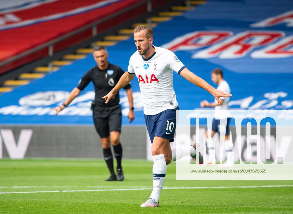 Tottenham s Harry Kane celebrating his first goal during the Premier League match between Crystal Palace and Tottenham Hotspur, Football Stadiums around remain empty due to the Covid-19 Pandemic as Government social distancing laws prohibit supporters inside venues resulting in all fixtures being played behind closed doors until further notice at Selhurst Park, London, England on 26 July 2020.