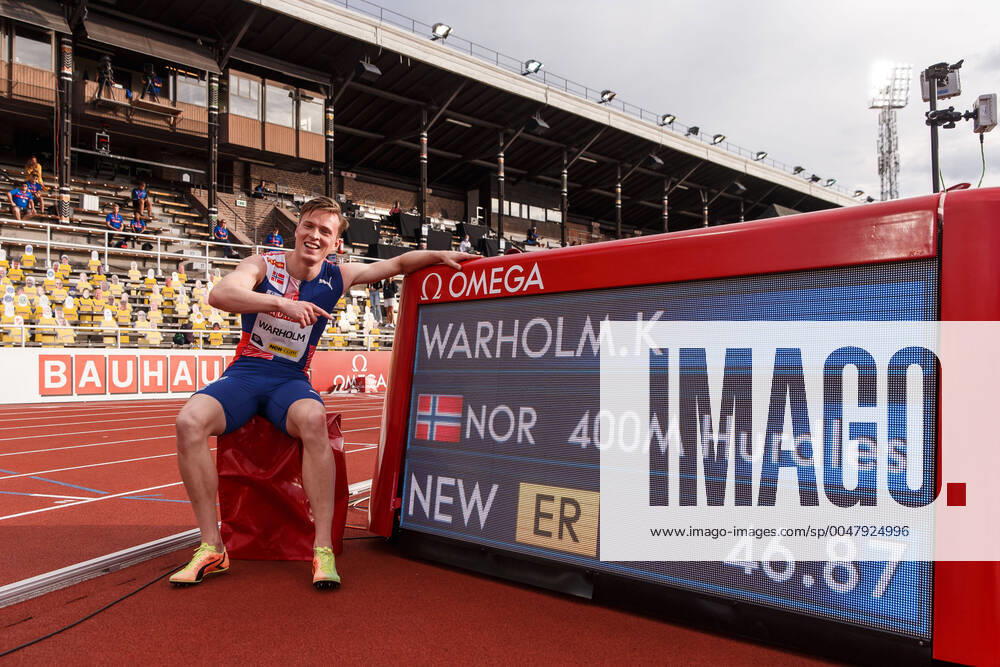 Karsten Warholm of Norway celebrates after setting a new Europe record when competing in the men?s 400m metes during the athletics gala Diamond League Stockholm on August 23, 2020 in Stockholm. Photo: Joel Marklund BILDBYRAN kod JM JM0002 bbeng friidrott athletics friidrett Diamond League Diamond League Stockholm Bauhaus-galan Bauhausgalan gala jublar jubel