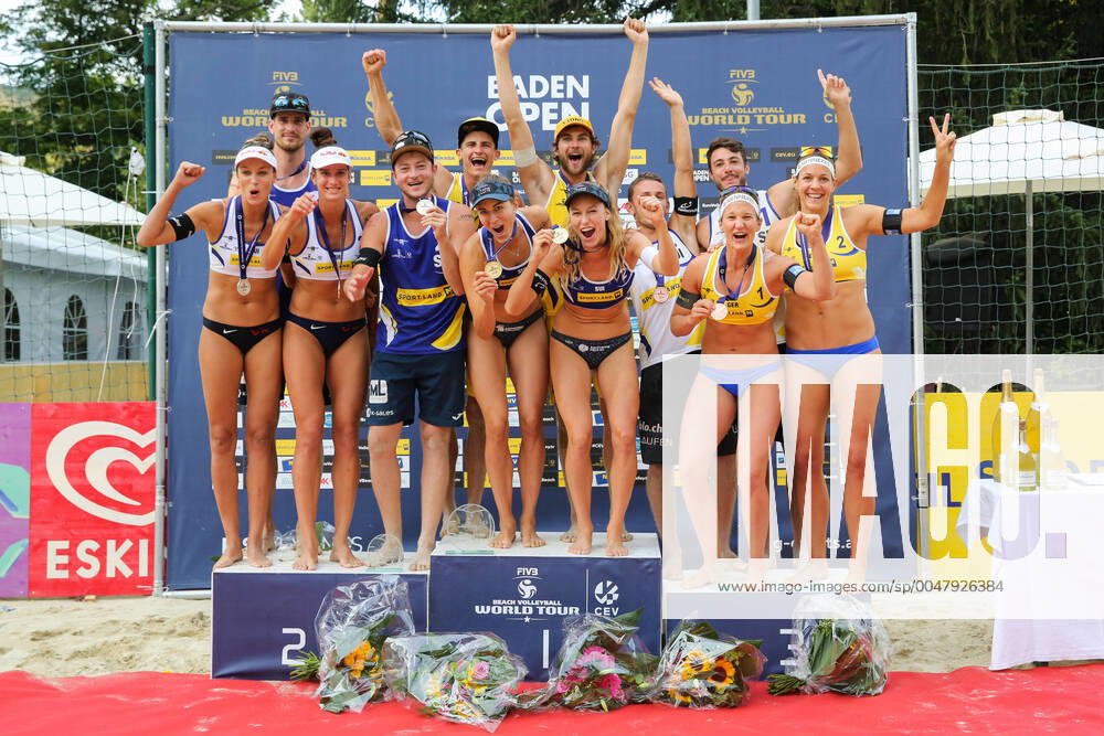 KW34 Beach volleyball, Beachvolleyball - FIVB World Tour, Baden Open BADEN,AUSTRIA,23.AUG.20 - BEACH VOLLEYBALL - FIVB World Tour, Baden Open. Image shows the male and female podium. GEPAxpictures xMichaelxMeindl