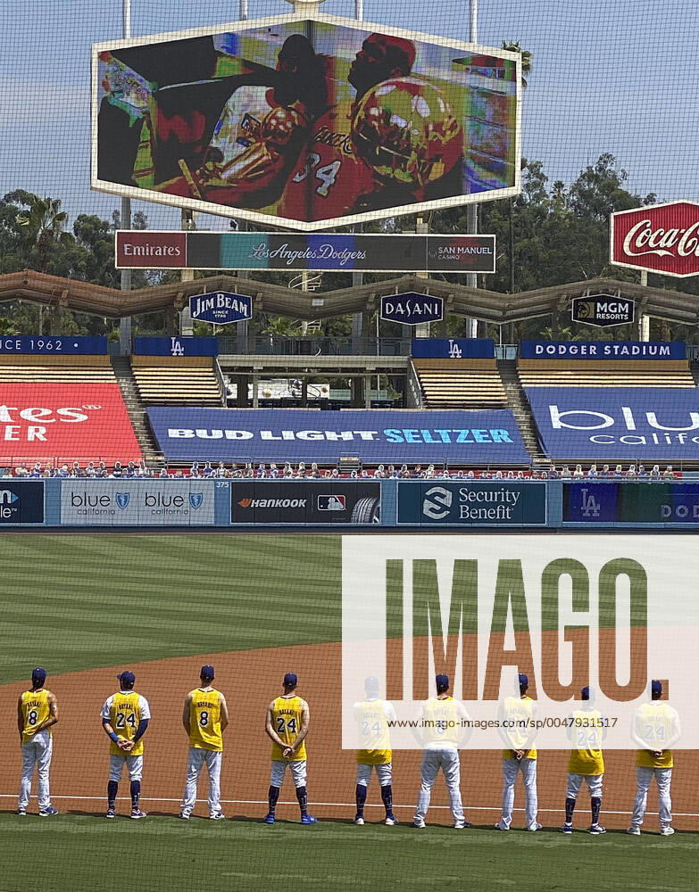 The Los Angeles Dodgers players and coaches wear Kobe Bryant s (24) and (8) game shirt to honor the memories of Kobe and Gianna Bryant prior to their game against the Colorado Rockies on Sunday August 23, 2020 at Dodger Stadium in Los Angeles, California. JAVIER ROJAS PI Los Angeles USA - ZUMAp124 20200823_zaa_p124_043