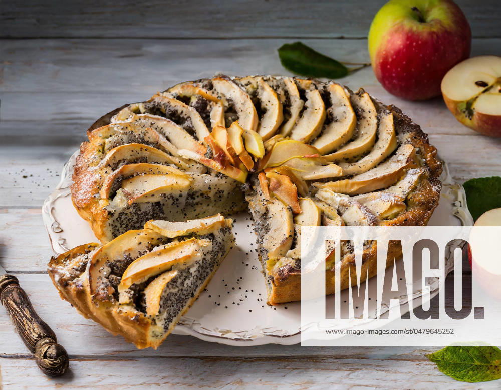 IMAGO Creative: Food, Mohn Mit KI generiert. Apfel-Mohn-Kuchen und frische, knackige Äpfel