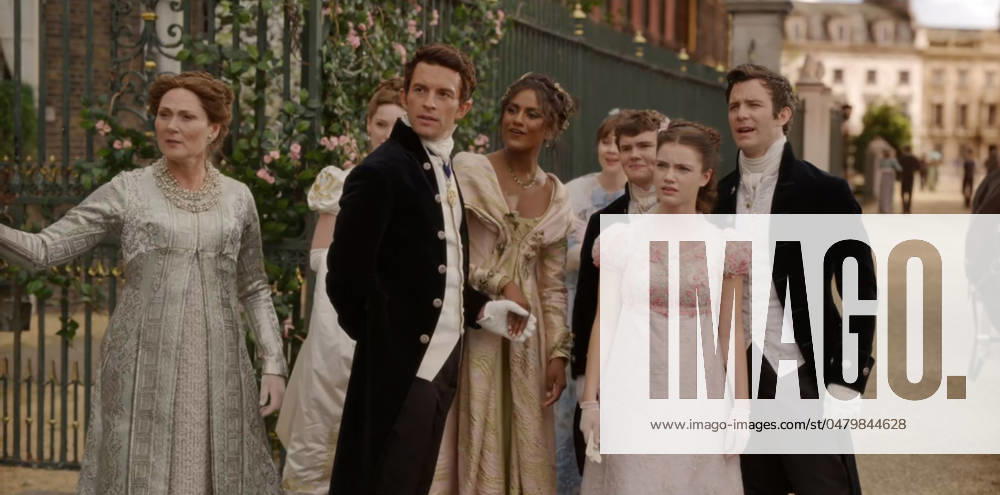 Ruth Gemmell, Hannah Dodd, Jonathan Bailey, Simone Ashley, Claudia Jessie, Will Tilston, Florence Hunt and Luke Thompson Los Angeles.CA.USA. L-R: Ruth Gemmell, Hannah Dodd, Jonathan Bailey, Simone Ashley, Claudia Jessie, Will Tilston, Florence Hunt and Luke Thompson in a scene in the (C) Netflix romantic drama Bridgerton TV) (2024) S3E1 Season 3 Start date:2020 The series about the adventures of eight families set in the early 19th century England. LMK112-200524-001 Supplied by LMKMEDIA. Editorial Only. Landmark Media is not the copyright owner of these Film or TV stills but provides a service only for recognised Media outlets.