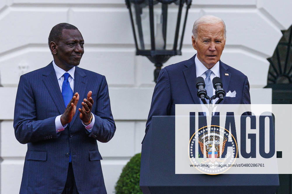 United States President Joe Biden gives remarks as Kenyan President William Ruto looks on, on the South Lawn of the White House as the two Presidents hold an arrival ceremony for President Ruth?s State Visit. Featuring: President Joe Biden, William Ruto Where: Washington, District of Columbia, United States When: 23 May 2024 Credit: CNP INSTARimages . NOT FOR USE BY NEWSPAPERS BASED IN THE UK.