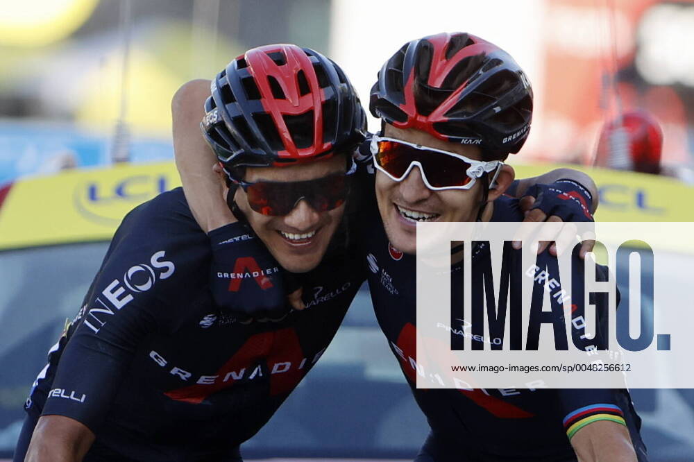 KW38 Michal Kwiatkowski (R) of Ineos Grenadiers and Richard Carapaz of Ineos Grenadiers celebrate after winning the stage 18 of the 107th edition of the Tour de France cycling race from Meribel to La-Roche-sur-Foron (175 km), in France, Thursday 17 September 2020. This year s Tour de France was postponed due to the worldwide Covid-19 pandemic. The 2020 race starts in Nice on Saturday 29 August and ends on 20 September. x2545573x