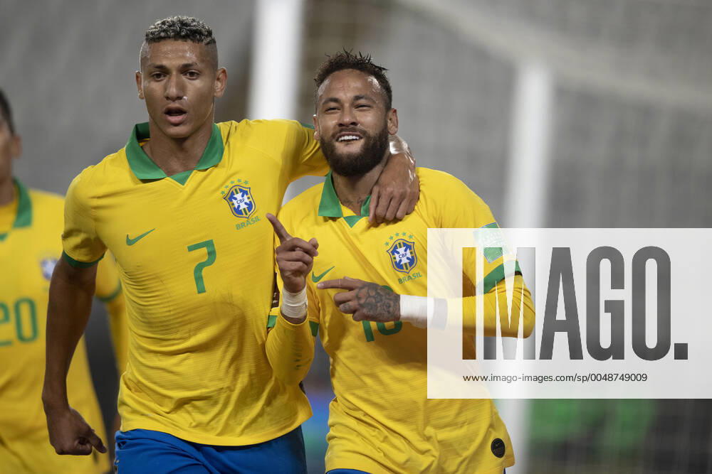 13th October 2020; National Stadium of Peru, Lima, Peru; FIFA World Cup, WM, Weltmeisterschaft, Fussball 2022 qualifying; Peru versus Brazil; Neymar of Brazil celebrates his penalty goal with Richarlison in the 28th minute 1-1 ActionPlus12240923 LucasxFigueiredo CBF