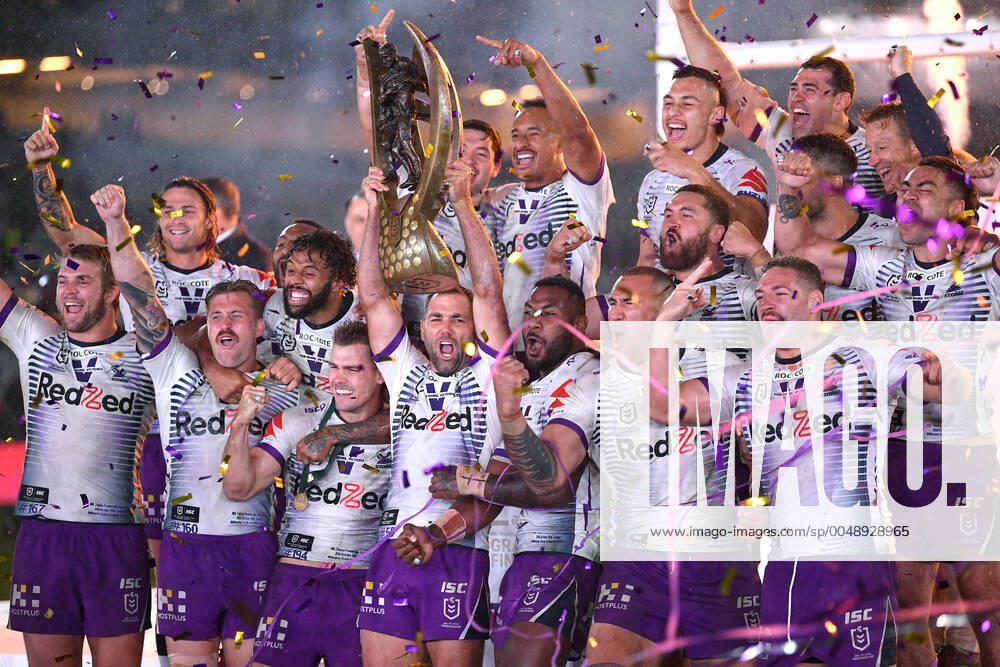 KW43 NRL GRAND FINAL PANTHERS STORM, Storm players celebrate their win following the NRL Grand Final between the Penrith Panthers and Melbourne Storm at ANZ Stadium in Sydney, Sunday, October 25, 2020. ( NO ARCHIVING, , NO USE IN BOOKS WITHOUT CONSENT SYDNEY NSW AUSTRALIA