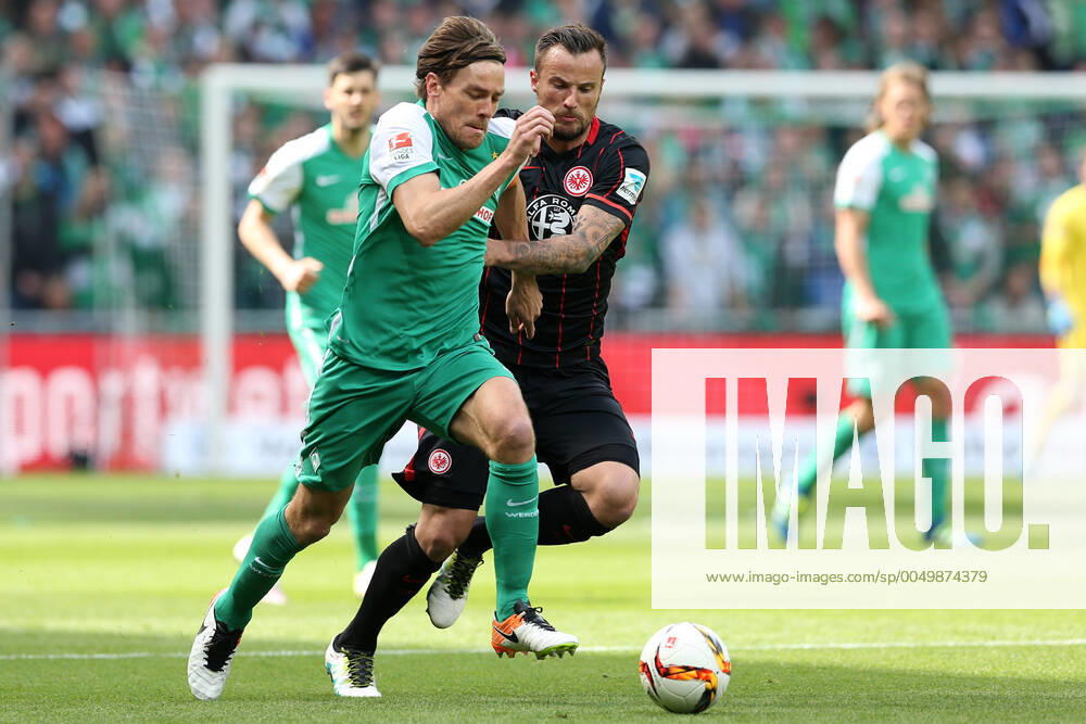 Bremen, Deutschland 14. Mai 2016: 1. BL - 15 16 - SV Werder Bremen vs. Eintracht Frankfurt v.li. im Zweikampf Clemens Fritz (SV Werder Bremen, 8) und Haris Seferovic (Eintracht Frankfurt, 9). quer, querformat 1. BL - 15 16 - SV Werder Bremen vs. Eintracht Frankfurt