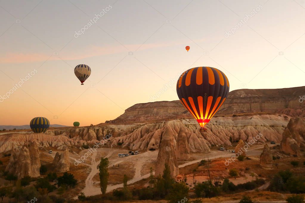 Turkey balloons Cappadocia Goreme Kapadokya , Sunrise in the mountains of Capadocia