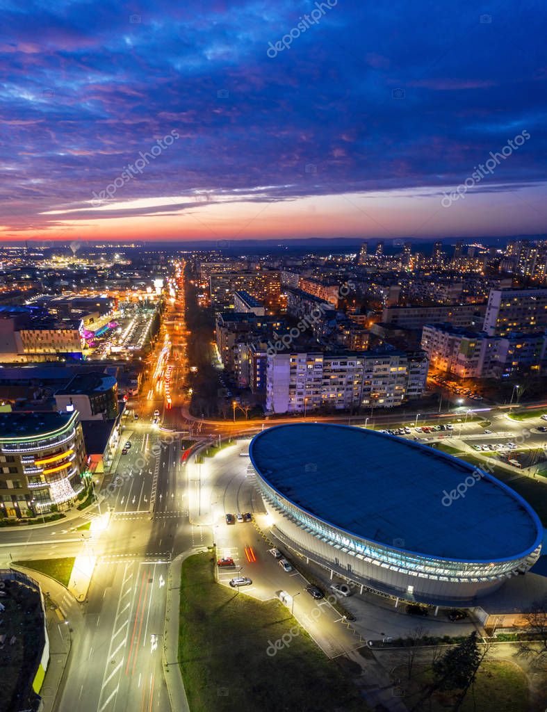 Sports complex Park Arena at night in Burgas, Bulgaria