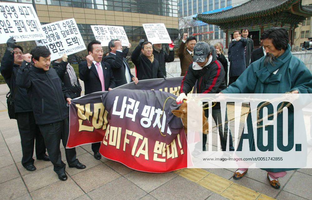 Demonstranten protestieren mit einer koreanischen Kuh gegen das amerikanisch-koreanische Freihandelsabkommen FTA in Seoul -