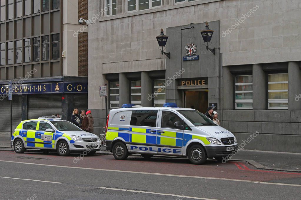 Two Patrol Vehicles in Front Police Station at Bishopsgate in London, UK.
