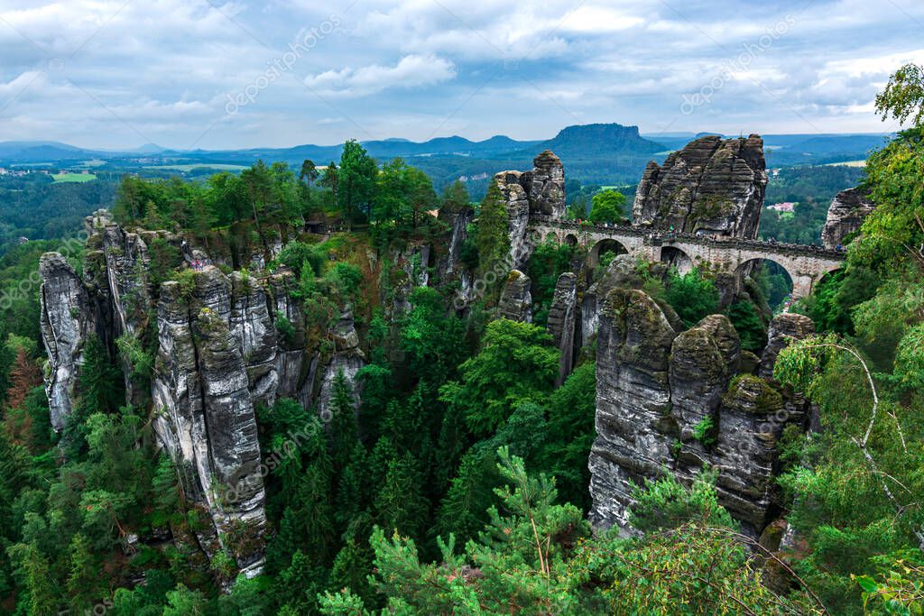 The famous bridge Basteibruecke in Saxon Switzerland on a cloudy day