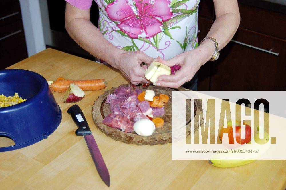 Hundefutter wird in Kueche zubereitet food for dog gets prepared in kitchen BLWS029686