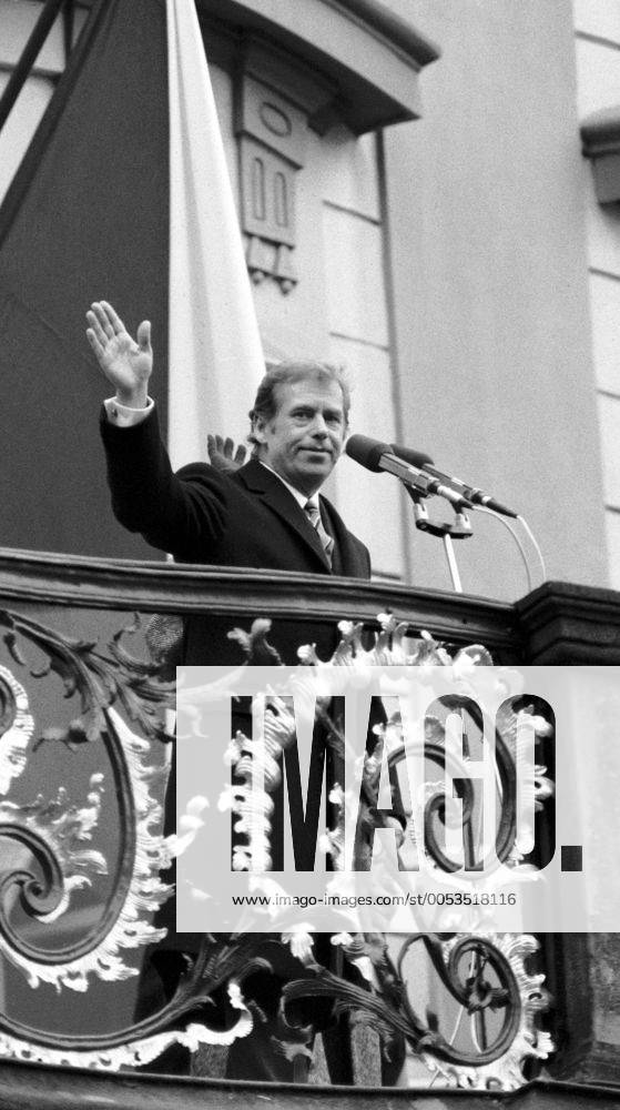 New president of Czechoslovakia Vaclav Havel waves the supporters from a balcony at Prague Castle after being elected by Czechoslovak Parliament in Prague, Czechoslovkia on Dec. 29, 1989. (CTKxPhoto)
