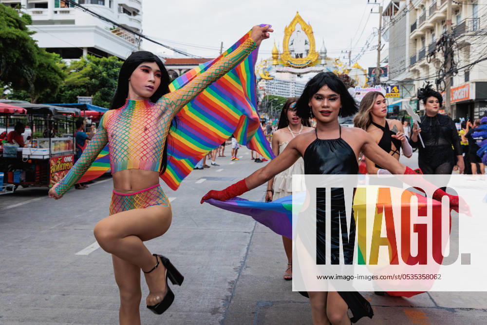 Participants hold rainbow flags during the 2024 Pattaya Community Pride Parade. The SWING foundation (Service Workers IN Group) held its third pride parade, 2024 Community Pride Parade in Pattaya. The participants include sex workers, ex-sex workers, activists, LGBTQs. The SWING foundation is working on healthcare and human rights issues for sex workers. Pattaya Thailand - ZUMAs197 20240608_aaa_s197_028