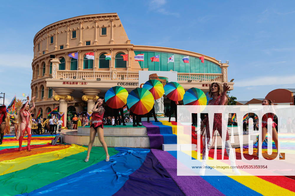 Performers wearing fancy costumes seen performing a show for an open ceremony of 2024 Pattaya Community Pride Parade. The SWING foundation (Service Workers IN Group) held its third pride parade, 2024 Community Pride Parade in Pattaya. The participants include sex workers, ex-sex workers, activists, LGBTQs. The SWING foundation is working on healthcare and human rights issues for sex workers. Pattaya Thailand - ZUMAs197 20240608_aaa_s197_038