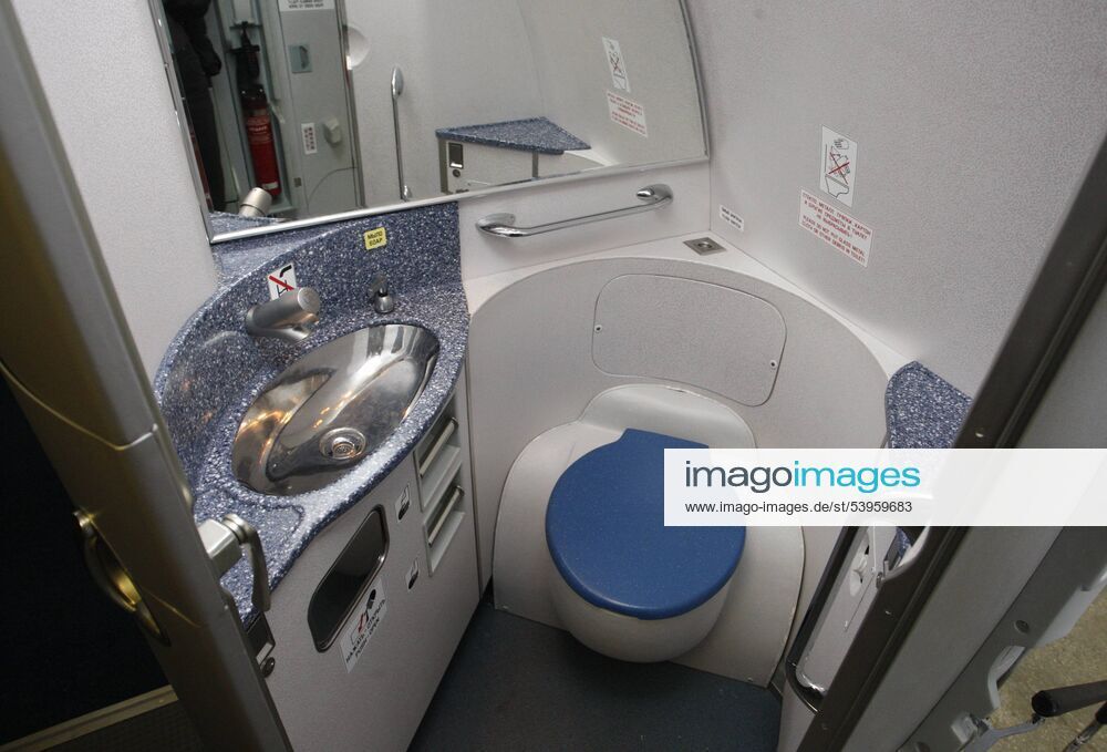 ITAR-TASS 155: KIEV, UKRAINE. APRIL 20, 2010. The picture shows a toilet facility of the first experimental model of the An-158, a new Russian-Ukrainian medium-haul airliner, constructed at - Antonov - Ukraine-based aircraft manufacturing company. RE0CD602