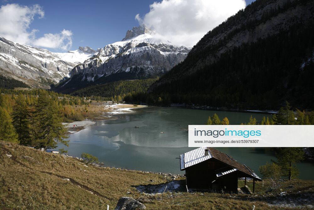 Bergsturzkegel von 1714 und 1749 und jüngster Urwald der Schweiz mit aufgestautem See am Fuss des Diablerets-Massivs, Lac de Derborence, Conthey, Wallis, Schweiz, Europa iblszm01495296