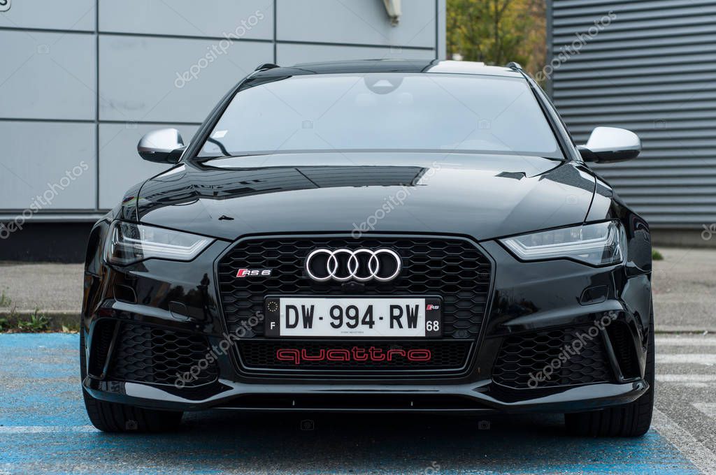 Mulhouse - France - 10 November 2019 - Front view of black Audi RS 6 car parked in the street