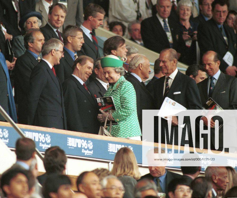 Britain s Queen Elisabeth II and her husband Prince Philip walk on the grandstand in Wembley past British Prime Minister John Major, left, and Czech president Vaclav Havel, second from left, before the Euro 96 final match Czech Republic vs. Germany, June 30, 1996. CTK Photo Michal Dolezal CTKPhoto00154311