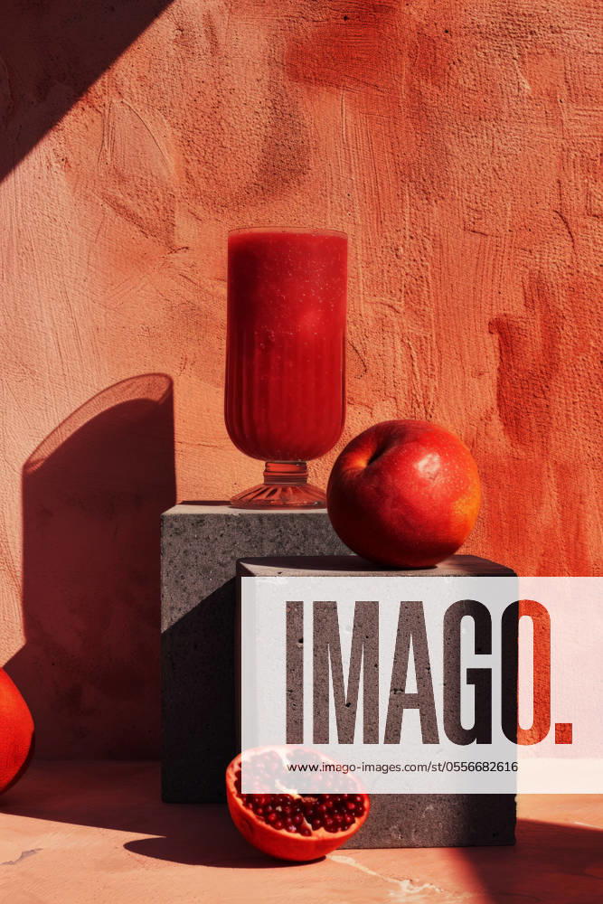 A red smoothie in a glass, a whole apple, and half a pomegranate are artfully presented against a textured orange backdrop, capturing a warm, monochromatic aesthetic. Generative AI image Model Released EduardoLopez_ID21915_641988_002
