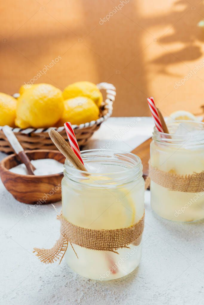 Homemade lemonade with sugar. refreshing drink ideal for summer days