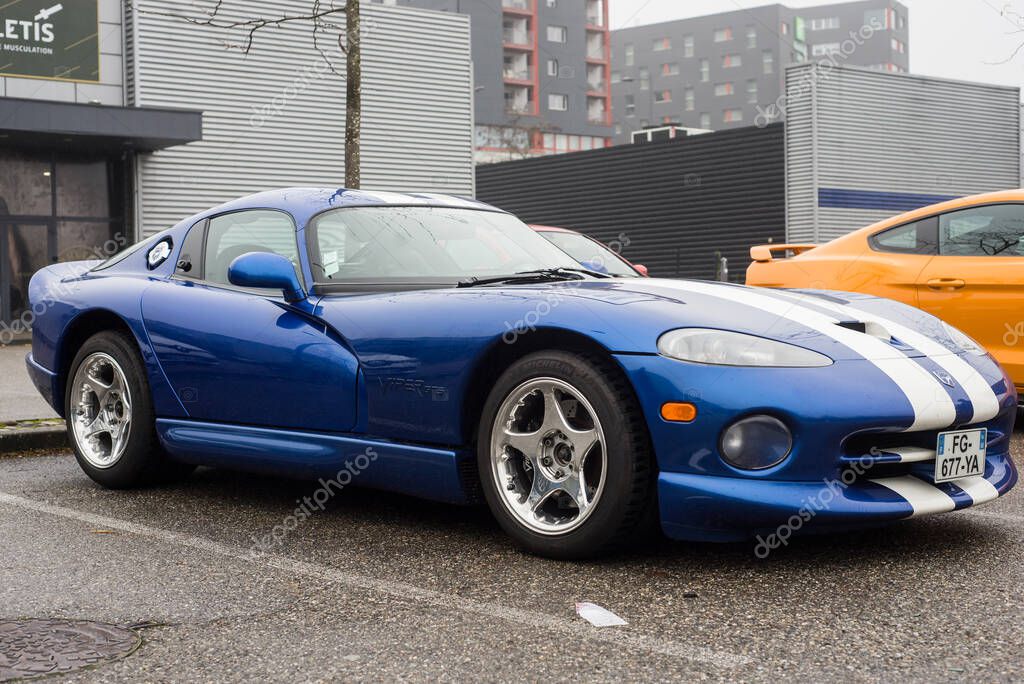Mulhouse - France - 14 November 2021 - front view of blue Dodge Viper parked in the street