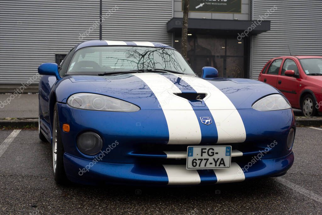 Mulhouse - France - 14 November 2021 - front view of blue Dodge Viper parked in the street
