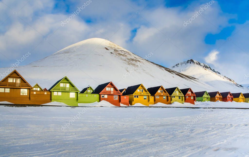 Colorful houses in the Longyearbyen settlement on the island of Spitsbergen, Svalbard, Norway