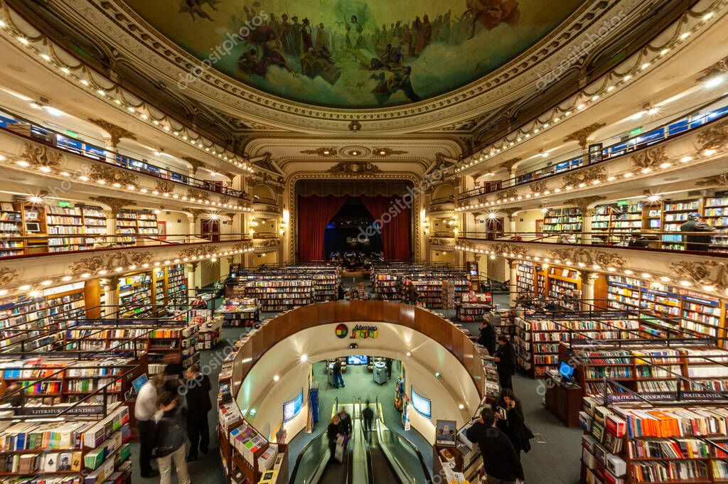 Spectacular view of El Ateneo Grand Splendid bookstore in Bueno Aires Argentina. Rated as the world's most beautiful bookstore.