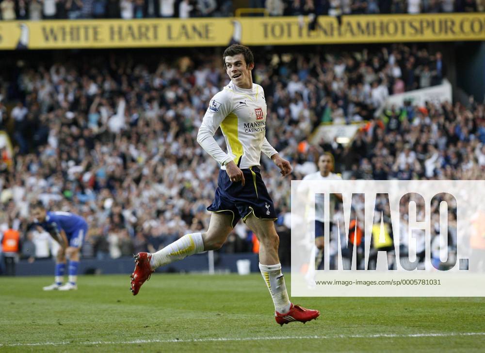 Tottenham s Gareth Bale celebrates scoring his sides second goal - Barclays Premier League --- Tottenham Hotspur (white) v FC Chelsea (blue) --- 17th April, 2010 .