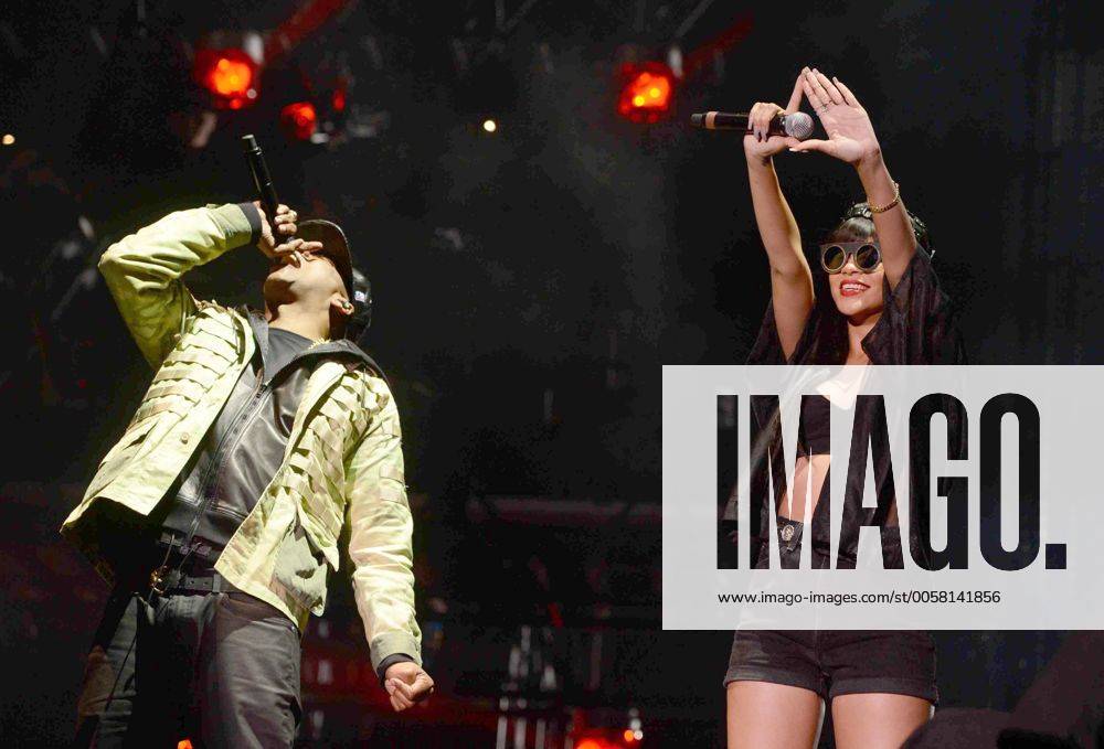 American rapper, songwriter and record producer Jay-Z and Barbadian singer Rihanna perform live during the BBC Radio 1 Hackney Weekend 2012 at Hackney Marshes in London on June 23, 2012. LON20120623236