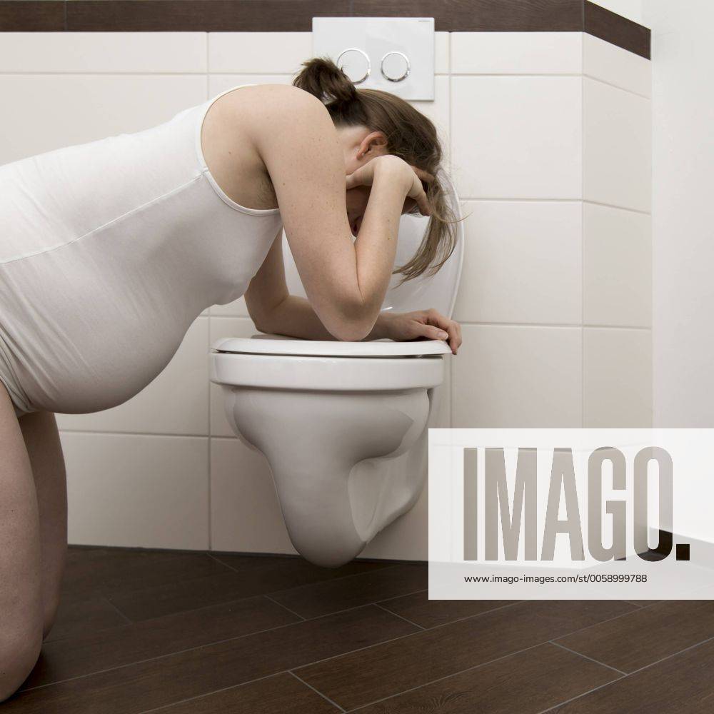 Junge schwangere Frau, 35 Jahre alt, beugt sich wegen Übelkeit über eine Toilette. Young pregnant woman, 35 years old, feeling sick on a toilet. Schwangere Frau beugt sich wegen Übelkeit über eine Toilette Pregnant woman feeling sick on a toilet