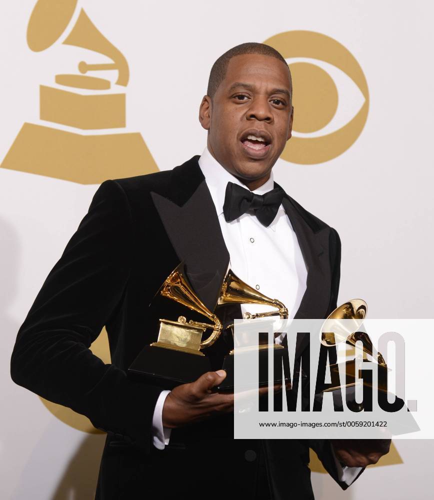 Jay-Z appears backstage with the Grammys he won at the 55th Grammy Awards at the Staples Center in Los Angeles on February 10, 2013. LAP20130210283