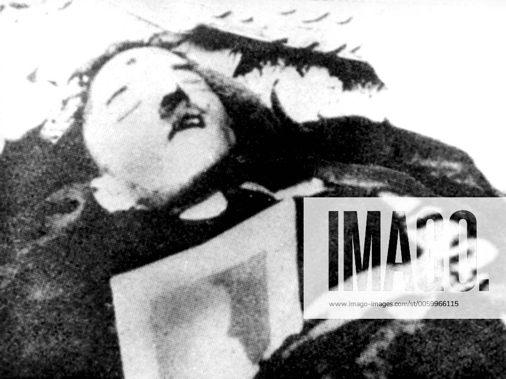 Nineteen years after the war, this picture is reputed to show Adolf Hitler s corpse in his ruined underground bunker. The picture is claimed to have been taken by a close member of Hitler s staff who was in the bunker when he shot himself. UnitedArchives00232152