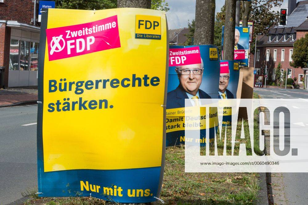 DEU, Deutschland, Münster: Wahlplakate der FDP mit Aufklebern Zweitstimme FDP , Zweitstimmenkampagne