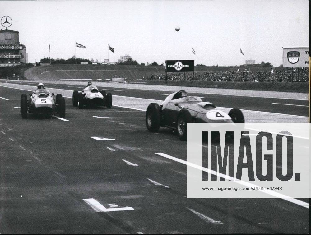 Aug. 08, 1959 - Great Prize of Germany on the Avus: Yesterday (Aug 2nd, 1959) there was the international rac~~~ for racing cars of formula I on the Avus in Berlin. After a hard fight between the Ferrari-drivers among themselves, Tony Brooks (Tony Brooks) of England was first and so won the Great Prize of Germany . Second was Dan Guerney (Dan Guerney), USA, and third Phil Hill (Phil Hill), USA. o.p.s. The cars of the first three, arriving at the finishing line. Car number4 is Tony Brooks, number6 Dan Guerney and number 5 Phil Hill. - ZUMAk09