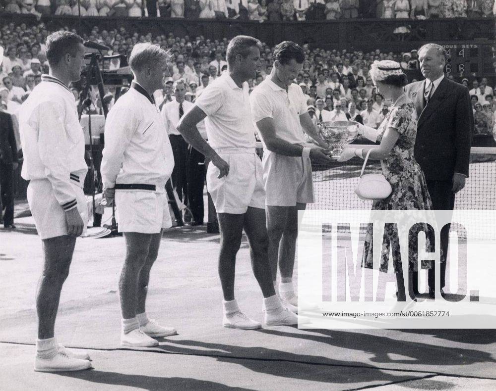 Jul 05, 1957 - London, England, United Kingdom - QUEEN ELIZABETH II presents trophies to the winners of the Men s Doubles Final BUDGE PATTY and GARDNAR MULLOY wile NEALE FRASER and LEW HOAD watch.. London United Kingdom - ZUMAk09