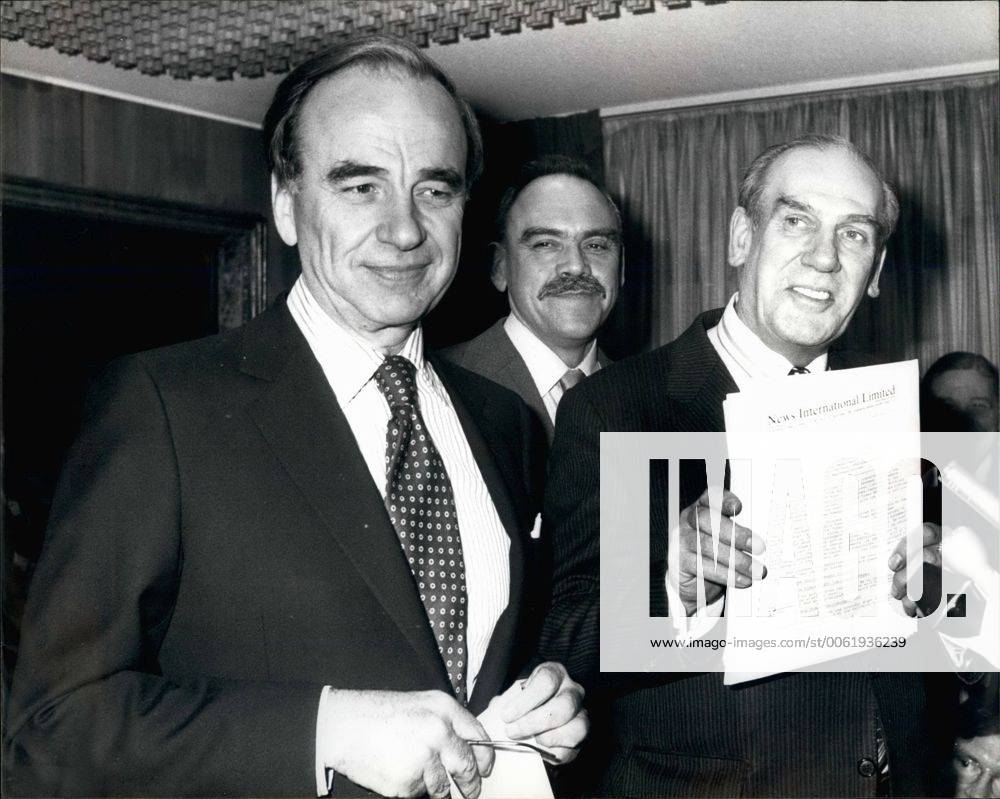 Feb. 02, 1981 - RUPERT MURDOCH TAKES OVER TIMES NEWSPAPERS LTD: Mr Rupert Murdoch, who owns the News of the World and the Sun newspapers, is now about to take over Times Newspapers Ltd, after completing agreements with the Print Unions last night. The deal between Mr Murdoch s News International and the International Thomson Organisation, will be finalised today following three weeks of negotiations, which will result in the loss of 563 permanent jobs and more than 100 additional shifts on the paper. Photo shows From L-R, Mr Rupert Murdoch, Mr Gerald Long, the new managing director of the Times, and joint general manager Mr John Collier, holding the agreement at last night s press conference. - ZUMAk09