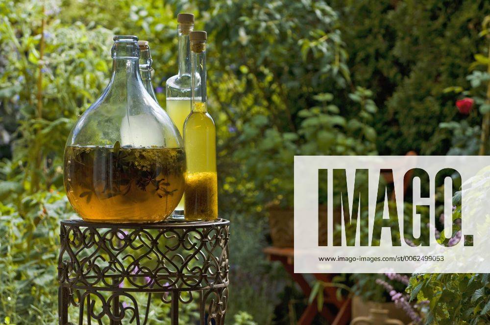 Austria, Salzburger Land, Different bottles with vinegar and oil placed on side table HHF02877