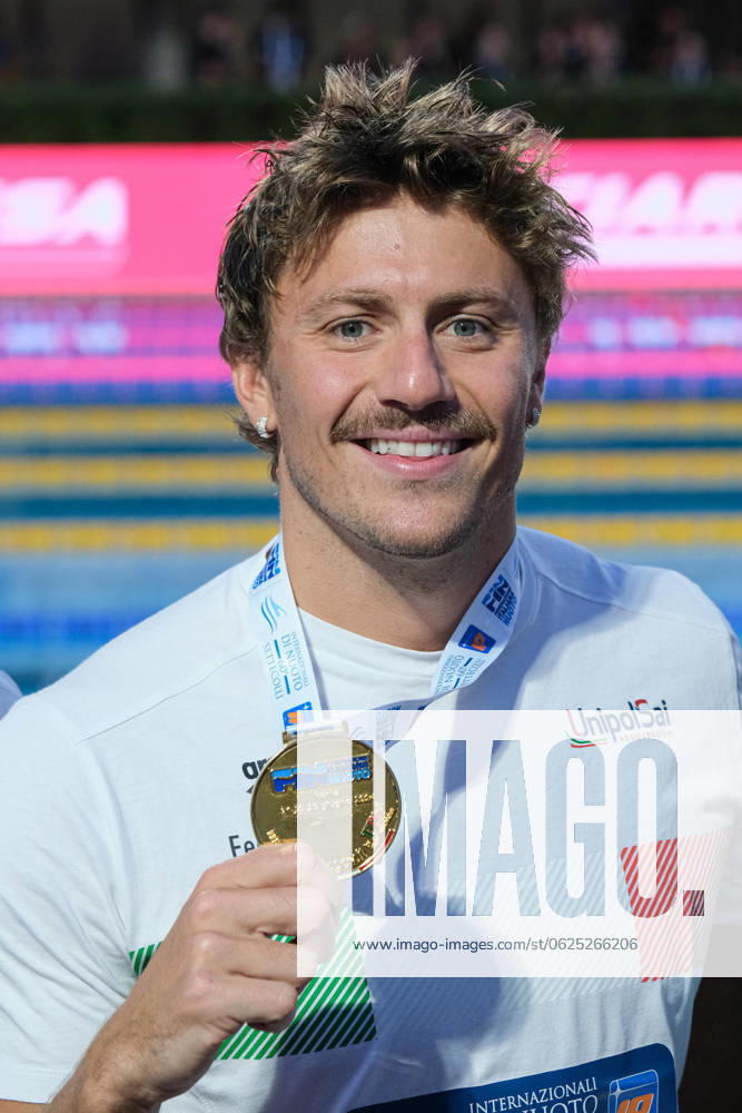 Podium of the day 2 at the swimming internationals of the 60th Settecolli Trophy in Rome, Italy - 22 Jun 2024 Nicolò Martinenghi of Italy on the Podium of Men 50m Breaststroke Final A during the first day at the swimming internationals of the 60th Settecolli Trophy. Rome Italy